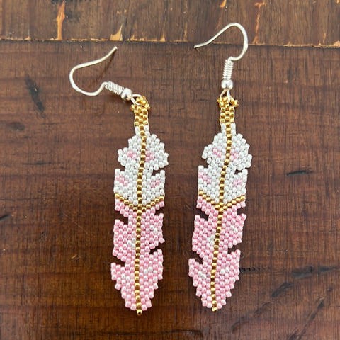 Beaded Brick Stitch Feather Gold Trim Earrings (BSC-FE3E)